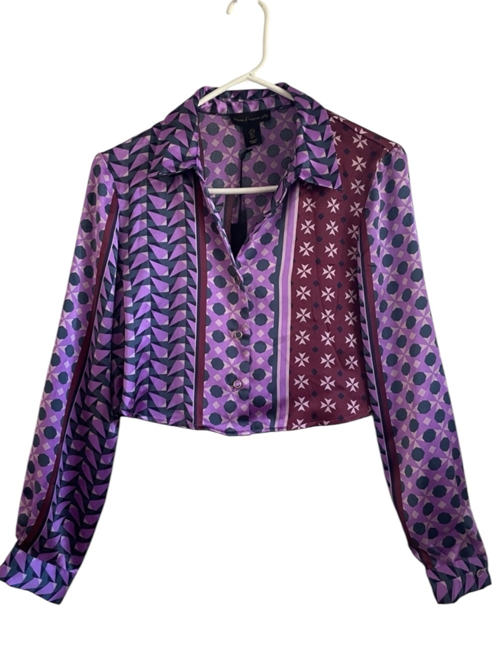 House of Harlow 1960 Purple Multi-Pattern Button-Front Crop Shirt S